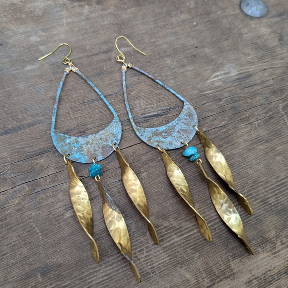 Rustic Large Statement Chandelier Turquoise Earrings - Picture 6 of 15